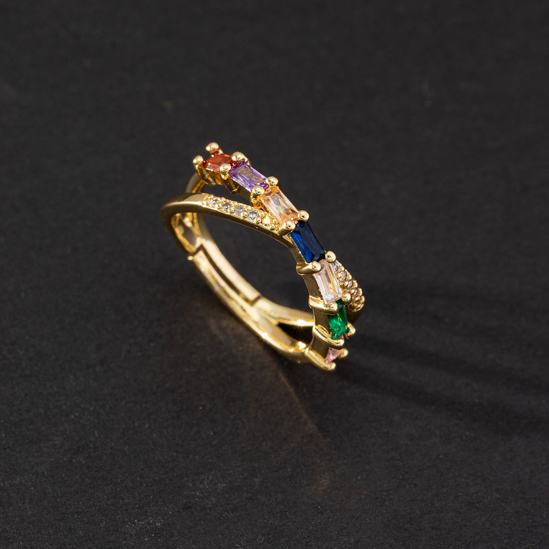 Twisted Baguette Diamond Double Layer Open Ring, Two Styles Clear & Rainbow Stones Adjustable Ring