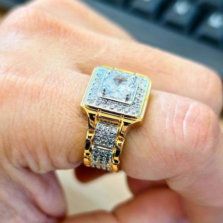 Square Center Stone Paved Two-Tone Men's Ring, Luxurious Two-Tone Diamond Business Band