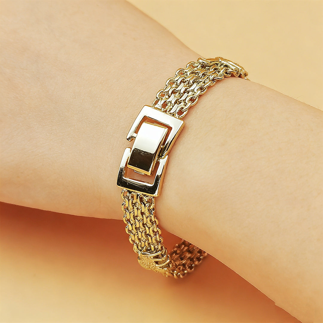 Multi-Layer Thick Chain Elephant Embossed Gold Plated Wide Bracelet, Vintage Chunky Metal Women’s Jewelry
