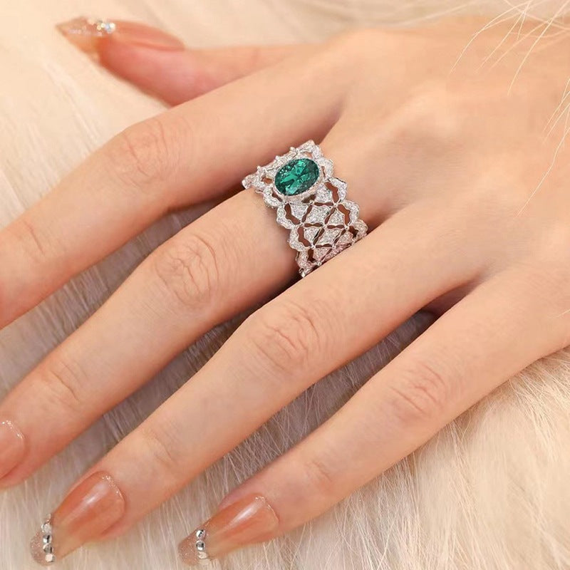 Vintage Lace Filigree Emerald Diamond Wide Band Ring (Delicate Luxury Statement Ring)