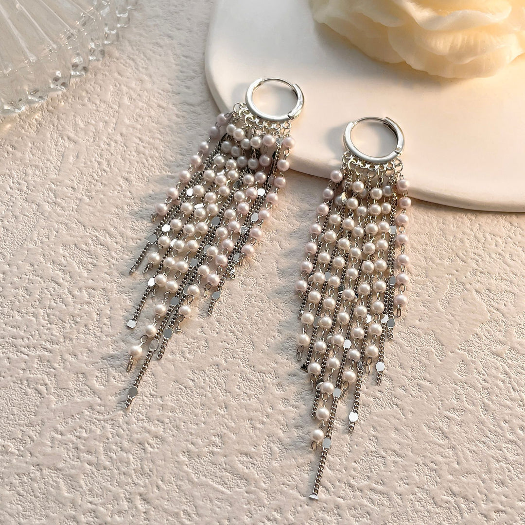 S925 Silver Long Pearl Tassel Hoop Earrings, Luxury Multi-layer Chain Pearl Drop Earrings, Gold & Silver Tone Face Slimming Earrings for Party