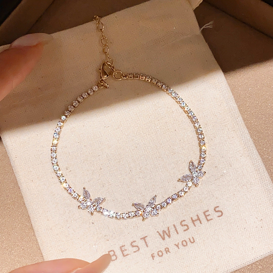 Three‑Butterfly Pave Diamond Tennis Bracelet, Marquise Cut Diamond Butterfly Dainty Women Bracelet, Gold & Silver Tone, Clear & Purple Diamond Available