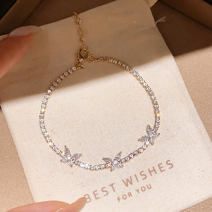 Three‑Butterfly Pave Diamond Tennis Bracelet, Marquise Cut Diamond Butterfly Dainty Women Bracelet, Gold & Silver Tone, Clear & Purple Diamond Available