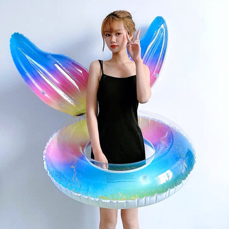 Mermaid Tail Inflatable Swim Ring, Gradient Glitter Fish Scale Print Adult Water Float for Pool Beach Photography