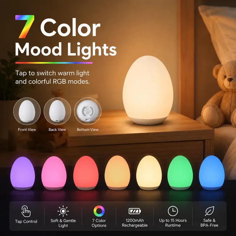 Touch Control Egg Night Light, Baby Eye-Care 7 Color RGB Rechargeable Bedside Soft Mood Lamp