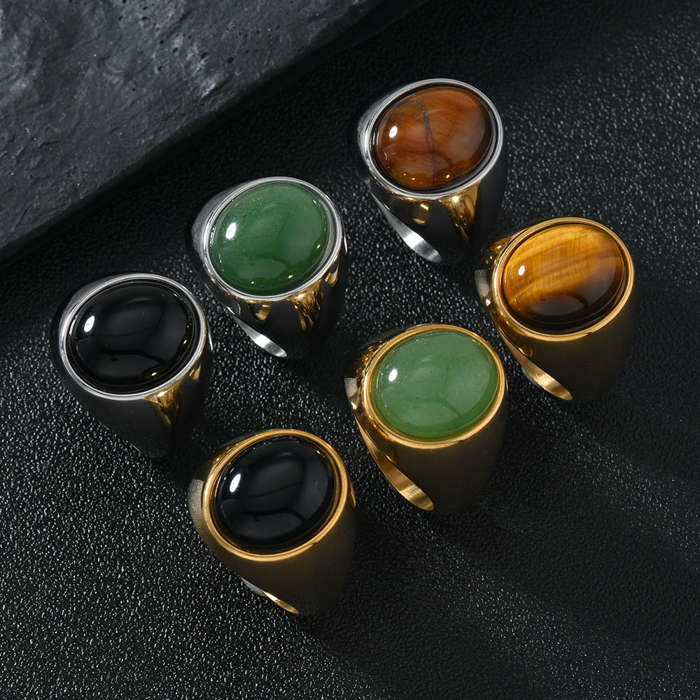 Cat's Eye Stone/Jade Wide Band Ring (Men's Vintage Texture Style)