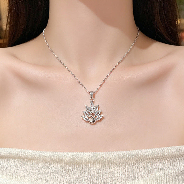 Light Luxury Diamond Peacock Swan Pendant Clavicle Necklace, Dainty Thin Chain for Women (Gold & Silver Two Tones)