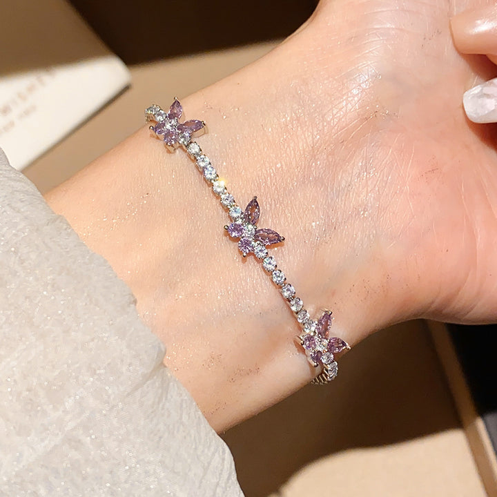 Three‑Butterfly Pave Diamond Tennis Bracelet, Marquise Cut Diamond Butterfly Dainty Women Bracelet, Gold & Silver Tone, Clear & Purple Diamond Available