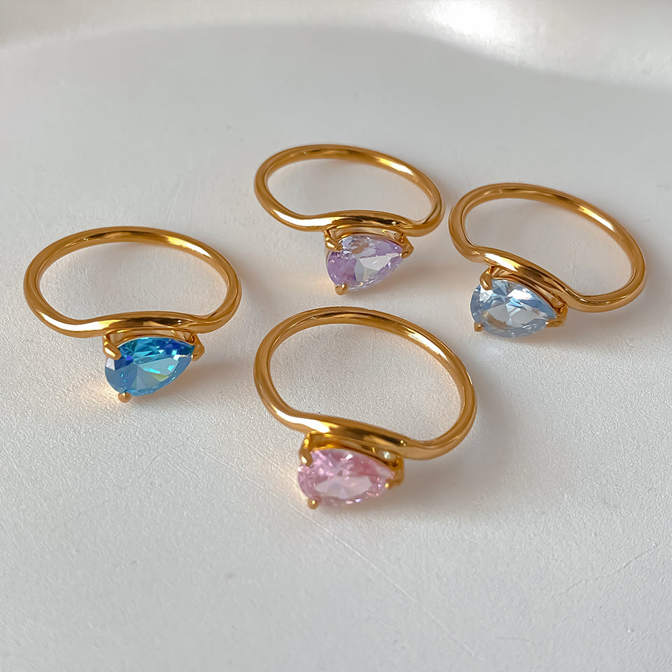 12 Birthstone Teardrop Ring (Gold-Tone Delicate Personalized Women's Band)