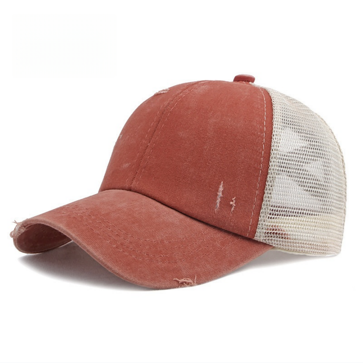Vintage Distressed Patchwork Mesh Trucker Hat, Breathable Adjustable Curved Brim Baseball Cap for Men & Women