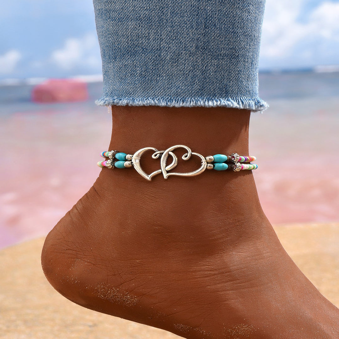 Boho Interlocked Double Heart Turquoise Beaded Anklet, Double Braided Rope Adjustable Summer Beach Foot Jewelry 3 Styles