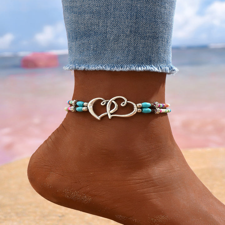 Boho Interlocked Double Heart Turquoise Beaded Anklet, Double Braided Rope Adjustable Summer Beach Foot Jewelry 3 Styles