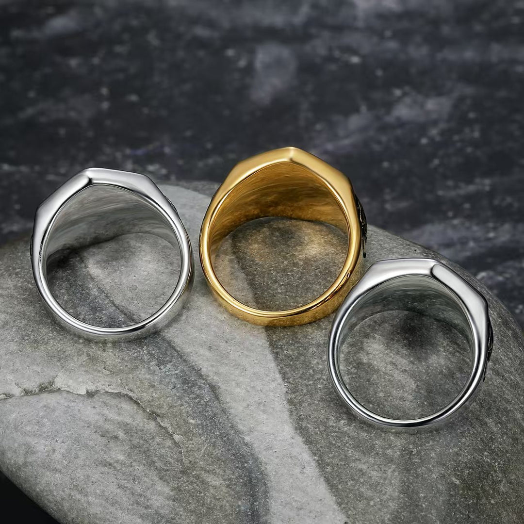 1%er Skull Vintage Biker Signet Ring, S925 Silver 14K Gold Plated Two-Tone Tough Men Wide Band