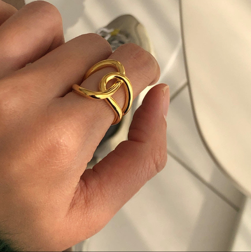 Double Twisted Interlocked Plain Band Ring, Gold & Silver Minimalist Thick Polished Ring