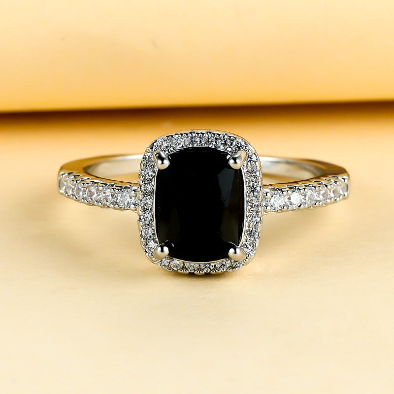 Black Cushion Cut Halo Ring (Light Luxury Niche Edgy Band)