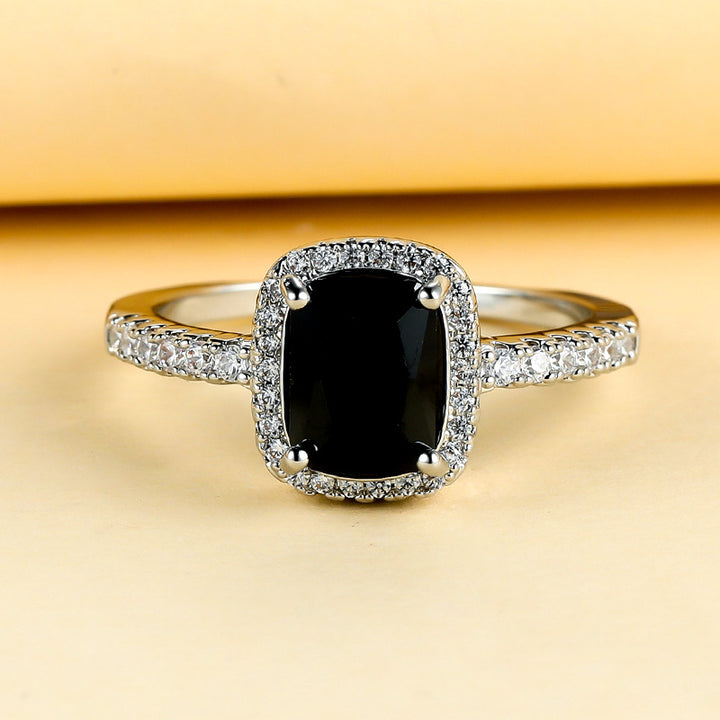 Black Cushion Cut Halo Ring (Light Luxury Niche Edgy Band)