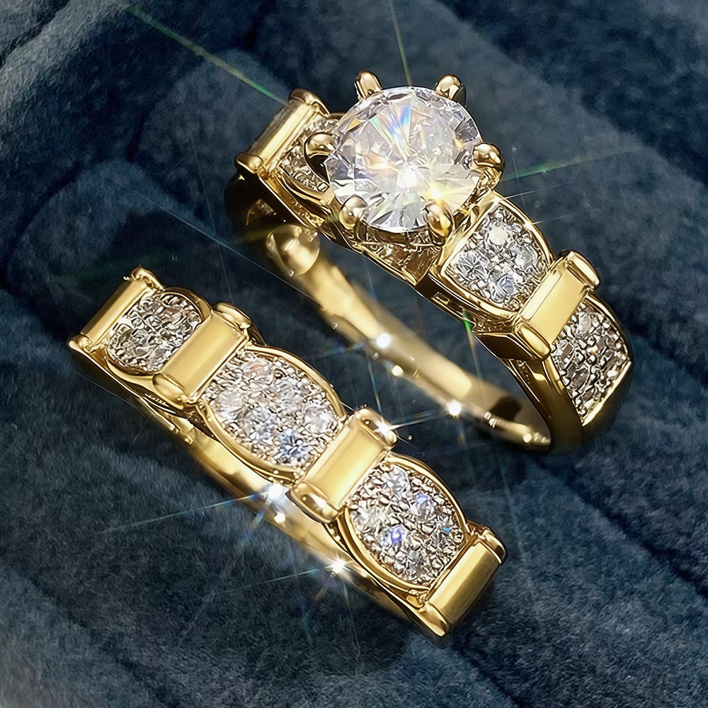 Gold‑Tone Bow‑Detail Round‑Center Two‑Piece Ring Set