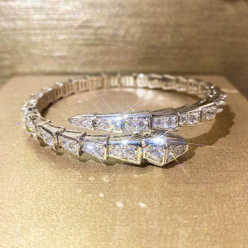 Segmented Snake Diamond Open Bangle, Gold Silver Rose Gold Paved Rhinestone Serpent Cuff Bracelet