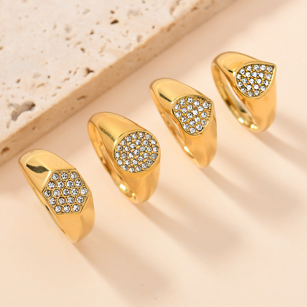 Pavé Diamond Signet S925 silver Ring, Heart/Hexagon/Oval/Teardrop Multiple Styles 18K Gold Plated Wide Band Unisex Statement Ring