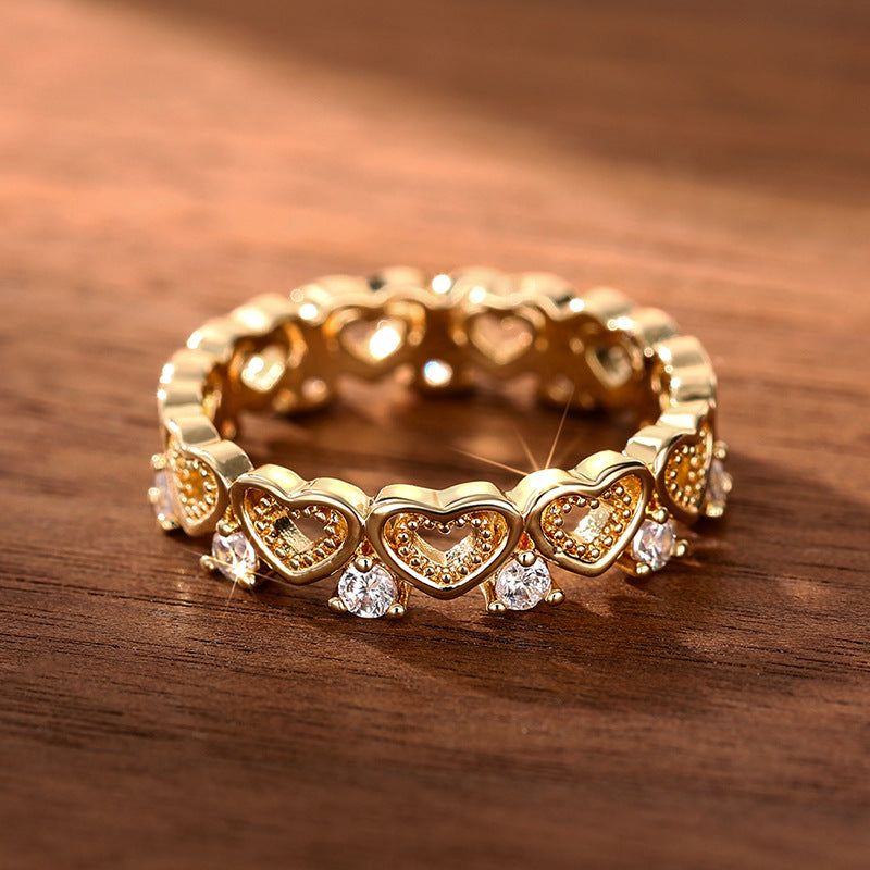 Hollow Heart Paved Diamond Eternity Band Ring, Gold & Silver Dainty Stackable Closed Ring for Women