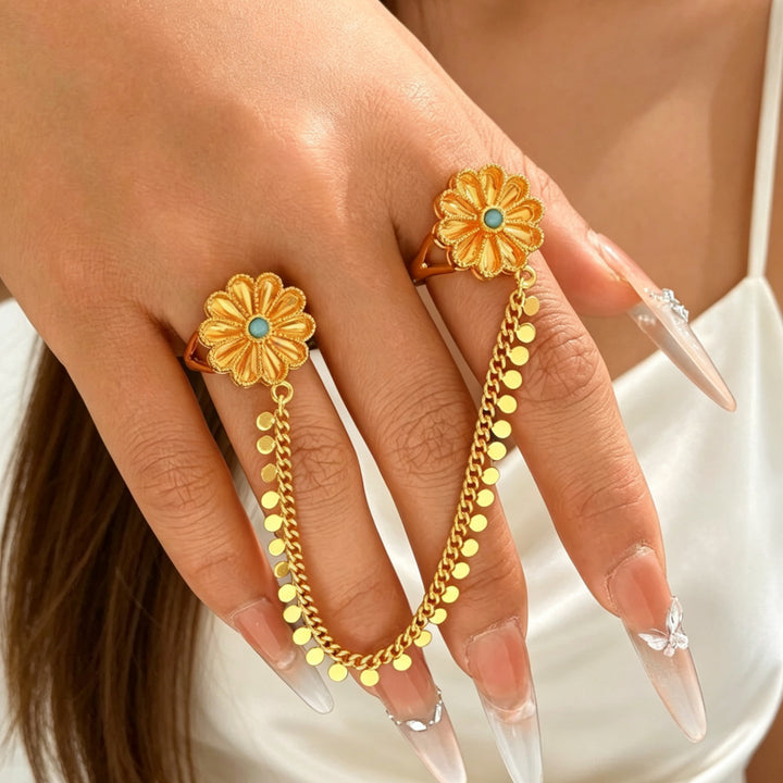 Vintage Embossed Floral Linked Double Ring Chain, Solid S925 Silver Gold-Plated 3 Gemstone Dangling Two-Finger Band