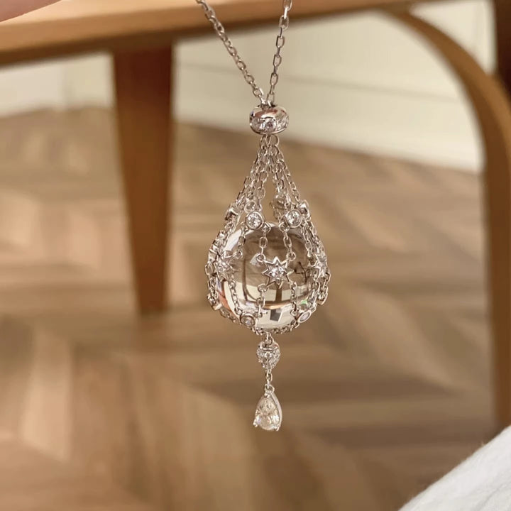 Niche Design White Crystal Starburst Mesh Pouch Pendant - Adjustable Necklace High-End Versatile Jewelry