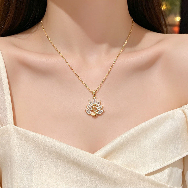 Light Luxury Diamond Peacock Swan Pendant Clavicle Necklace, Dainty Thin Chain for Women (Gold & Silver Two Tones)