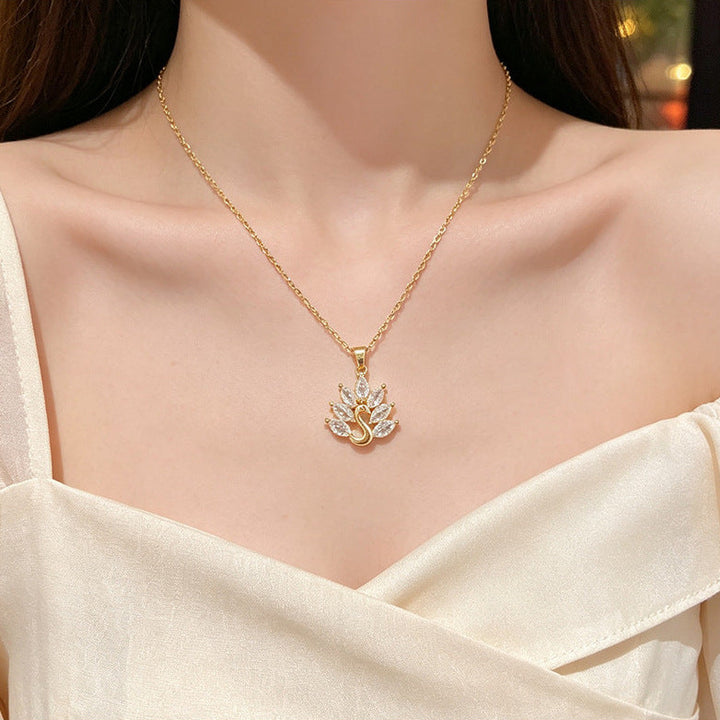 Light Luxury Diamond Peacock Swan Pendant Clavicle Necklace, Dainty Thin Chain for Women (Gold & Silver Two Tones)