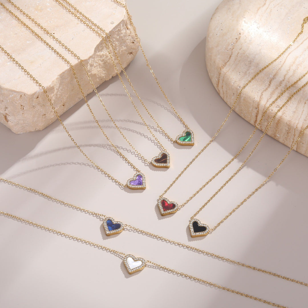 White Shell & Diamond Heart Pendant Necklace & Bracelet Set (Elegant Daily Jewelry Set)