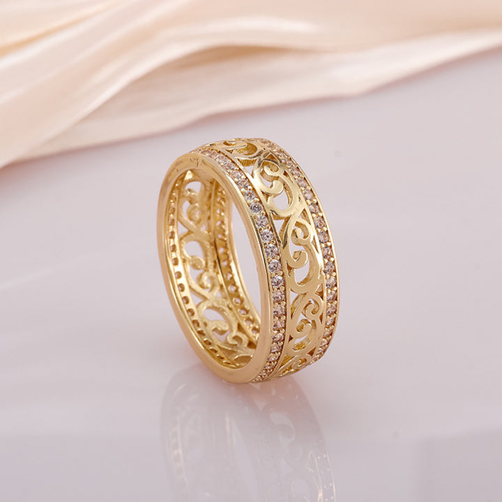 Vintage Scroll Hollow Eternity Ring, Gold Filigree Double Paved Diamond Wide Band For Women