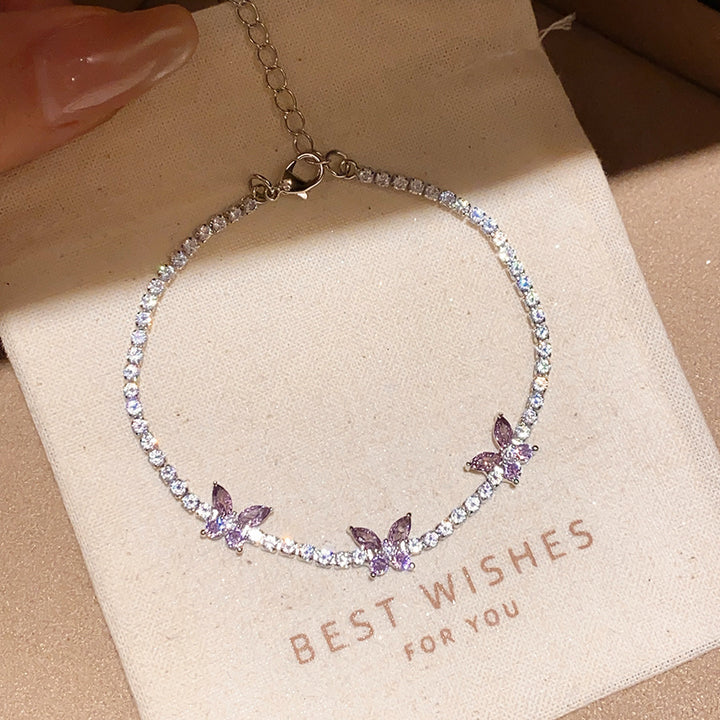 Three‑Butterfly Pave Diamond Tennis Bracelet, Marquise Cut Diamond Butterfly Dainty Women Bracelet, Gold & Silver Tone, Clear & Purple Diamond Available