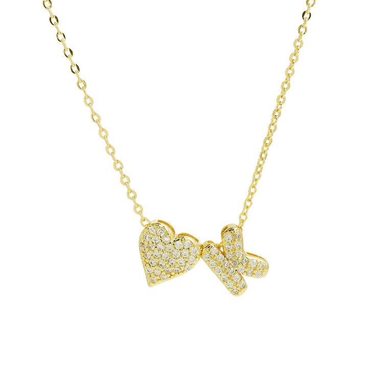 Diamond-Embedded Bubble Heart 26-Letter Name Pendant Necklace