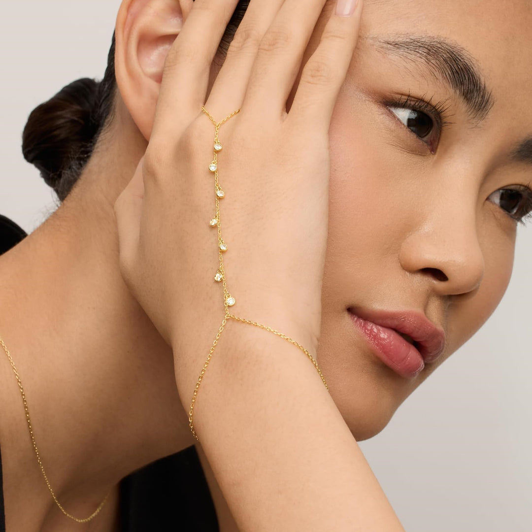 INS Style 18K Gold Plated Titanium Steel Bracelet with Rhinestone Discs & Finger Chain