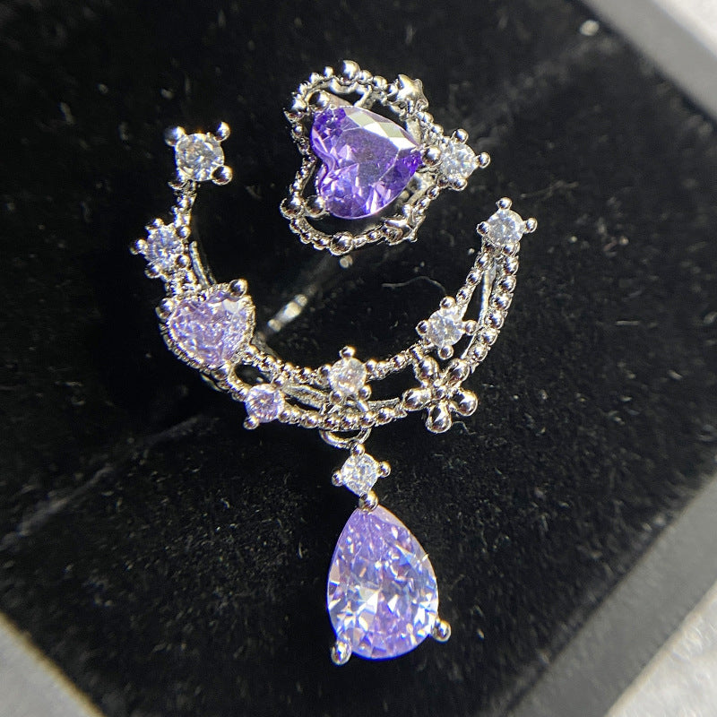 Moon‑Star Heart Teardrop Dangling Open Ring, Multi‑Color Options