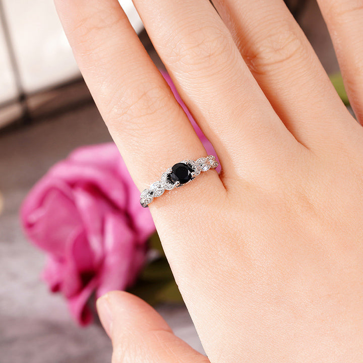 Four‑Prong Main Stone Leaf‑Shaped Pave Silver Ring, Multi‑Color Options