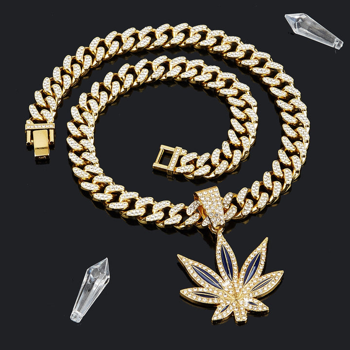 Color Enamel Maple Leaf Iced Out Cuban Necklace, Hip Hop Chunky Diamond Chain Trendy Pendant Necklace for Men