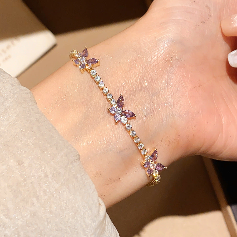 Three‑Butterfly Pave Diamond Tennis Bracelet, Marquise Cut Diamond Butterfly Dainty Women Bracelet, Gold & Silver Tone, Clear & Purple Diamond Available