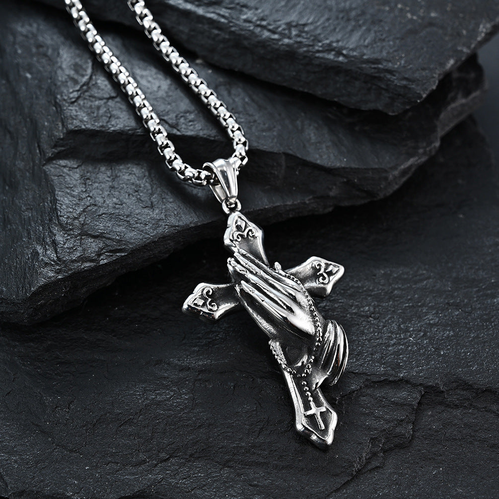 Titanium Steel Praying Hands Cross Necklace (Faith Retro Hardcore Style)