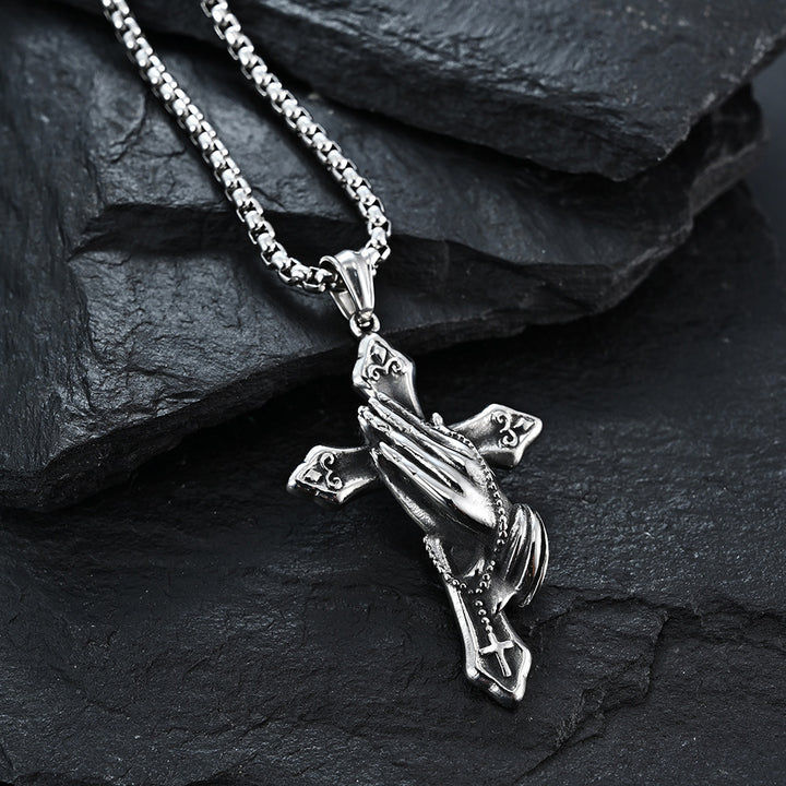 Titanium Steel Praying Hands Cross Necklace (Faith Retro Hardcore Style)