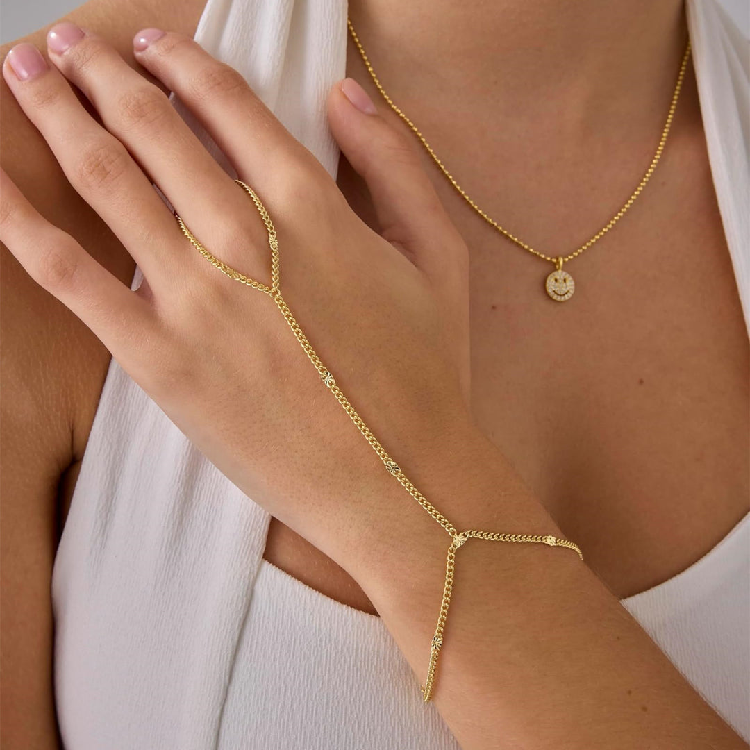 INS Style 18K Gold Plated Titanium Steel Bracelet with Rhinestone Discs & Finger Chain