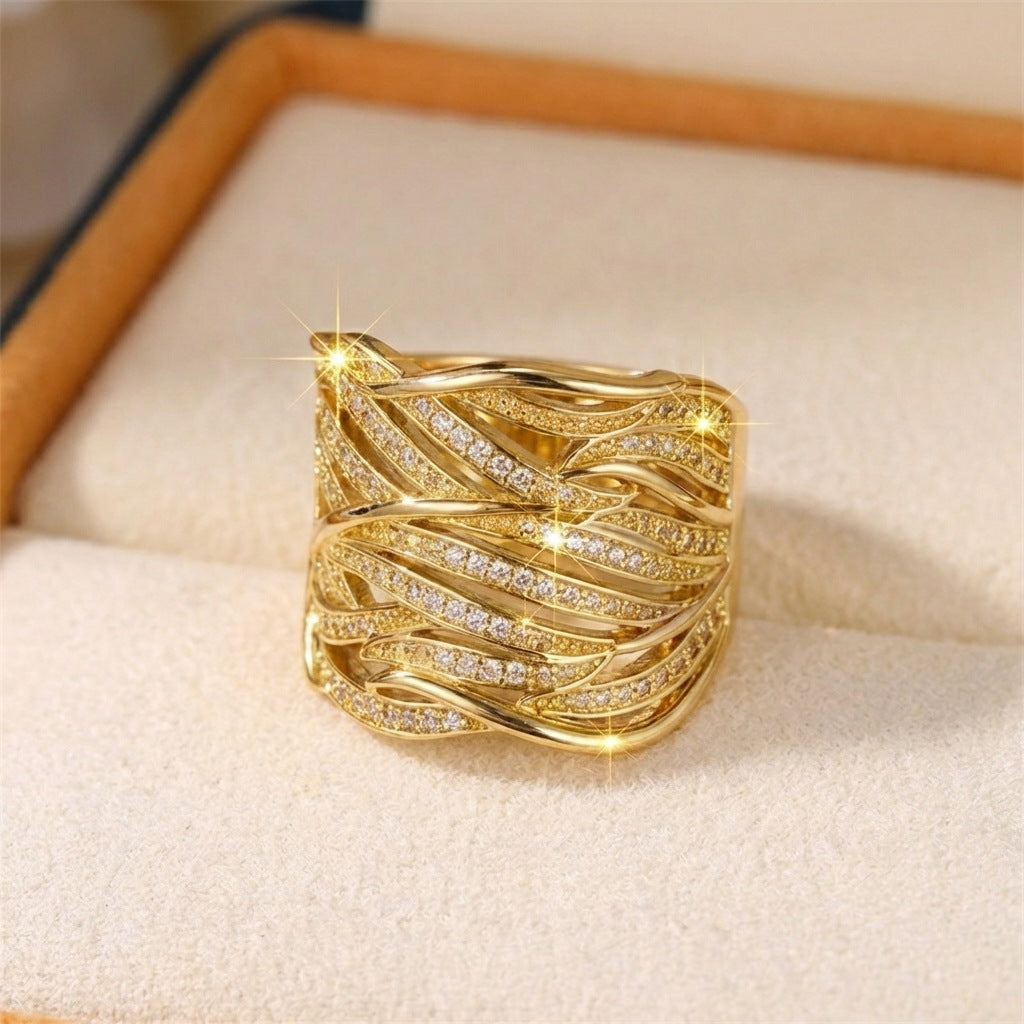 Interlaced Leaf Pave Diamond Wide Ring, Gold Sculpted Palm Leaf Hollow Statement Band For Women