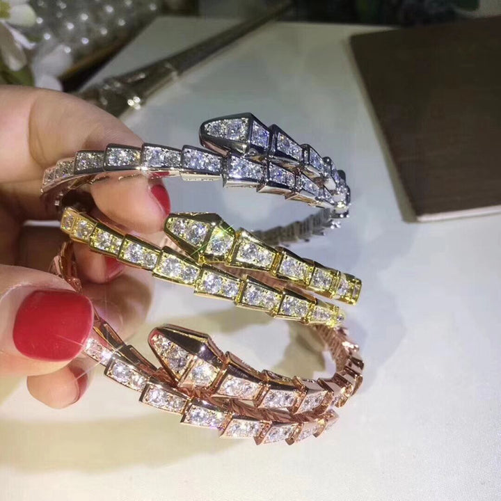 Segmented Snake Diamond Open Bangle, Gold Silver Rose Gold Paved Rhinestone Serpent Cuff Bracelet