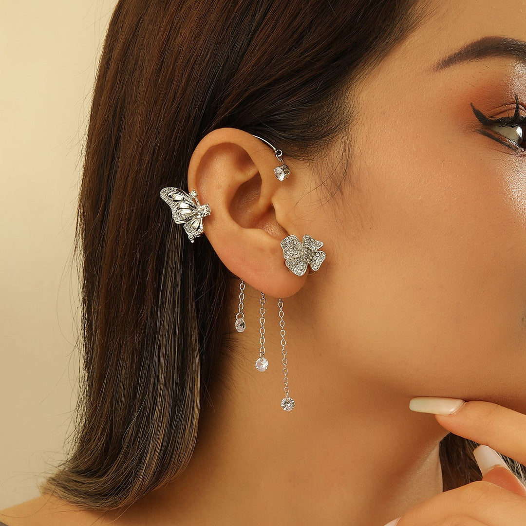 Butterfly Flower Tassel Integrated Ear Cuff, Non-Pierced Paved Diamond Long Ear Wrap Gold & Silver Fairy Dangle Jewelry