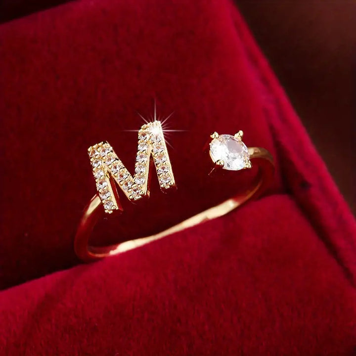 Full Zircon Letter Open Ring CNC-Set Titanium Steel Vacuum Plated
