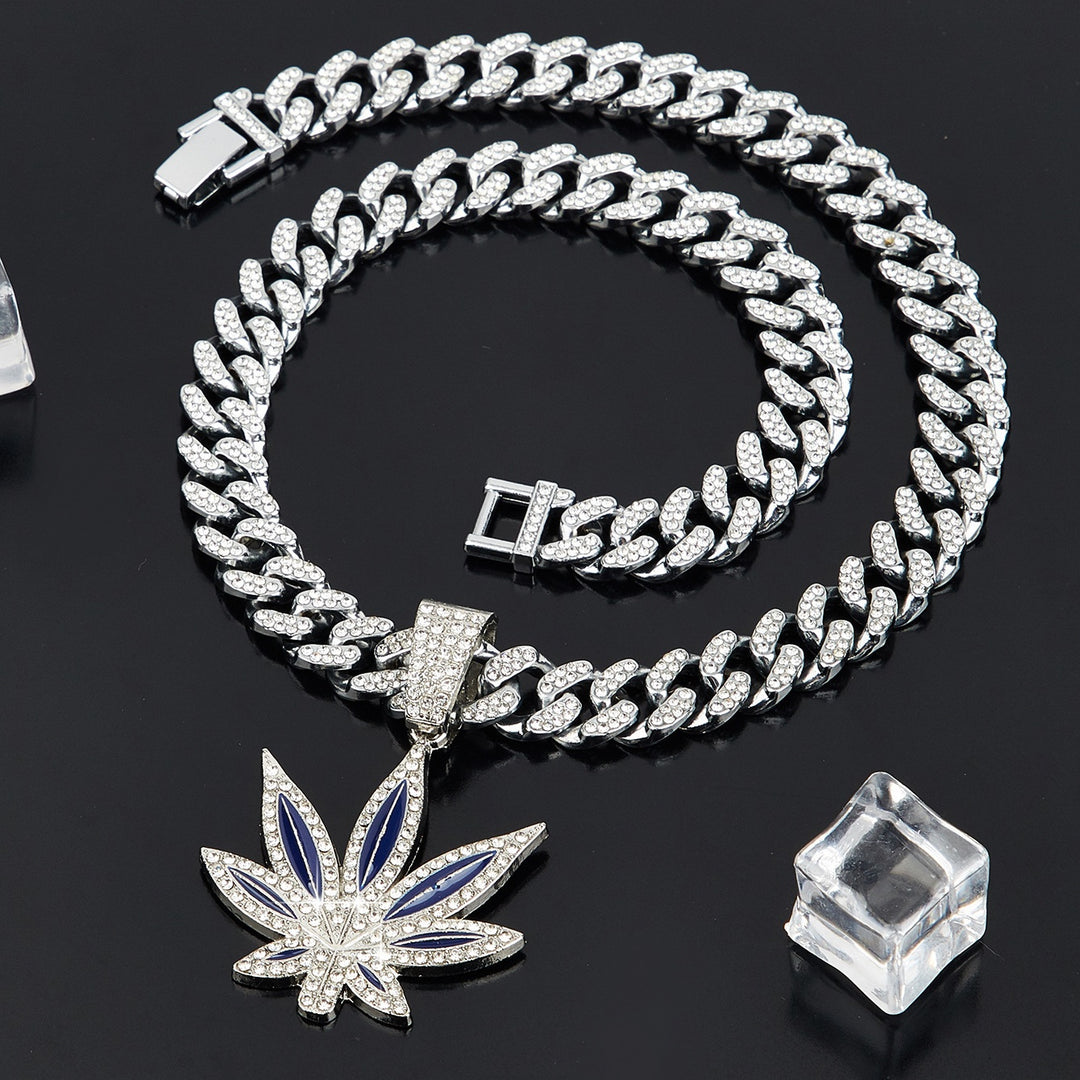 Color Enamel Maple Leaf Iced Out Cuban Necklace, Hip Hop Chunky Diamond Chain Trendy Pendant Necklace for Men