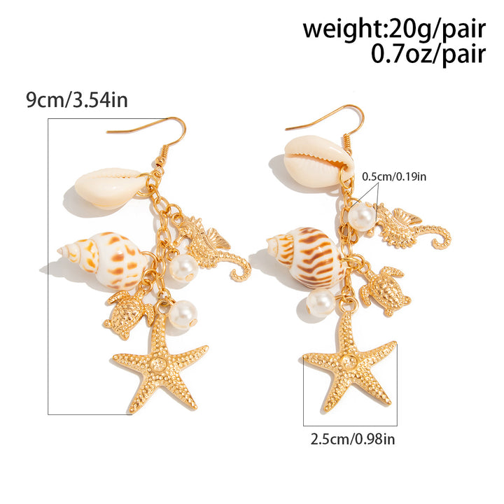 Coastal Vacation Starfish Shell Tassel Long Drop Earrings, European Vintage Ocean Series Multi-style Holiday Earrings for Women