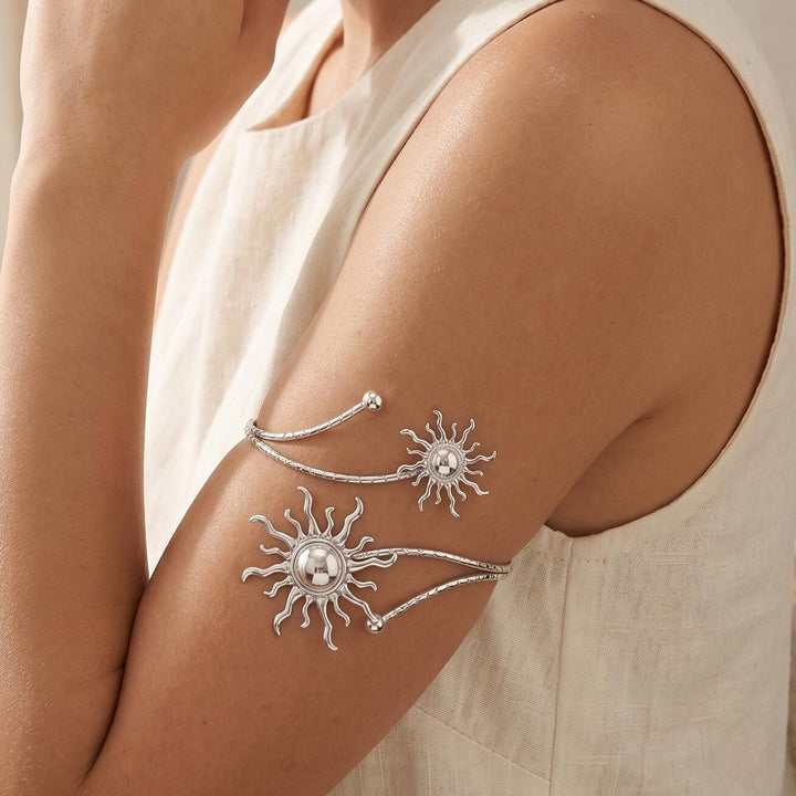 Vintage Dual Sun Pattern Adjustable Arm Cuff, Gold & Silver Bohemian Open Upper Arm Bracelet