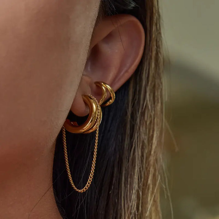 Double Layer C-Shape Hoop Chain Tassel Earrings, Two-Tone/Silver/Gold 3 Color S925 SilverGeometric Long Dangle Jewelry