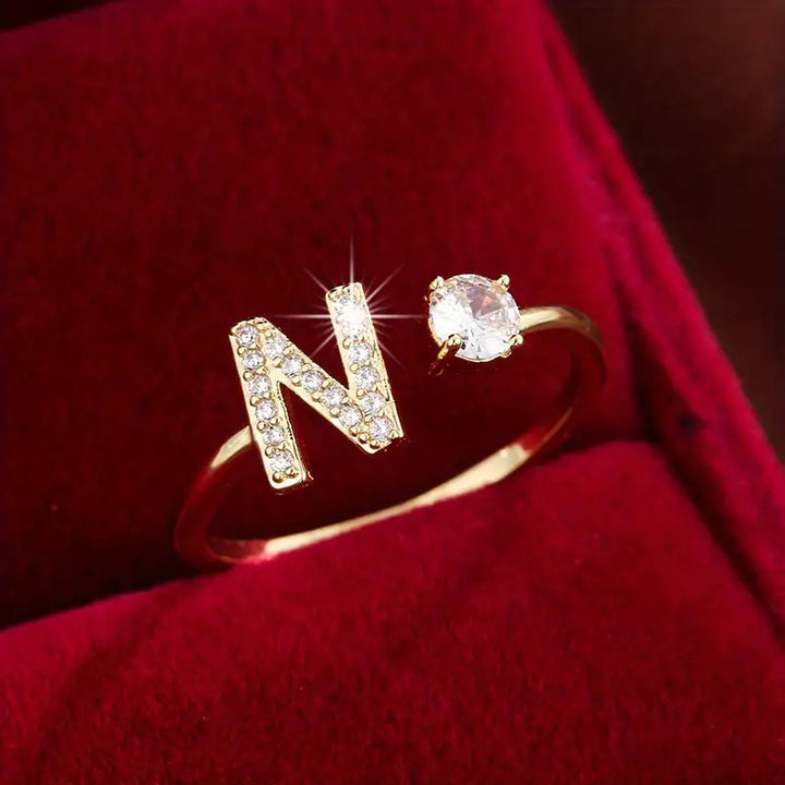 Full Zircon Letter Open Ring CNC-Set Titanium Steel Vacuum Plated