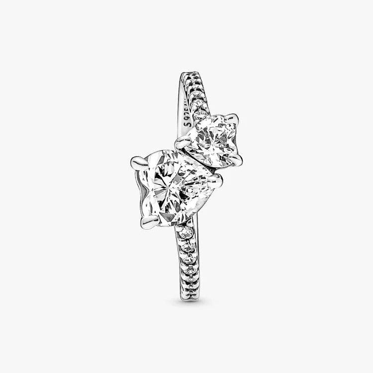 Two Heart Shaped Stone Ring, Gold & Silver Luxury Promise Engagement Diamond Band